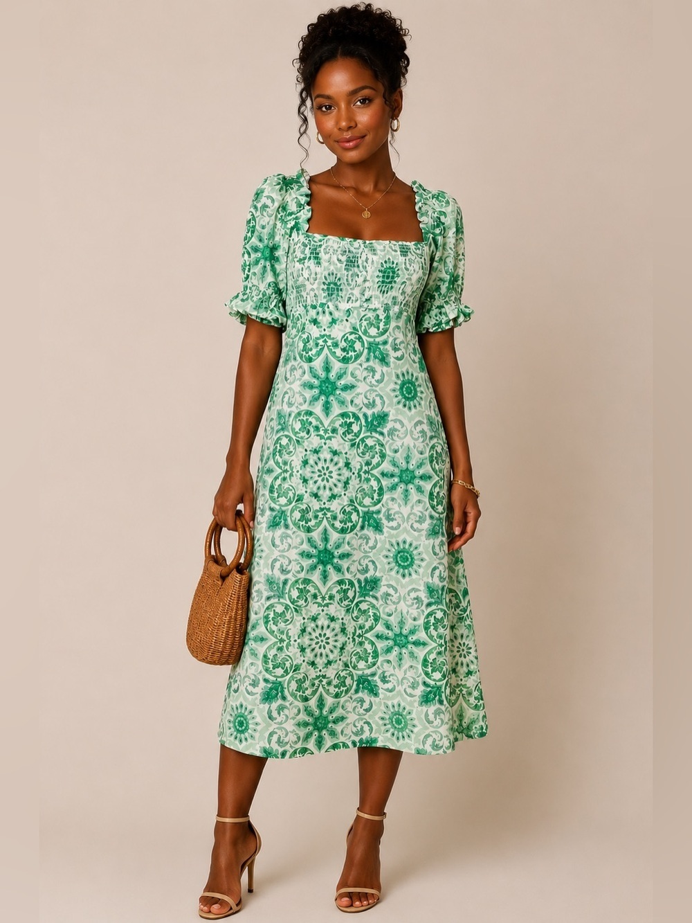 Anthropologie Puff Sleeve Smocked Dress in Mint Size XSP Green White Midi Dress